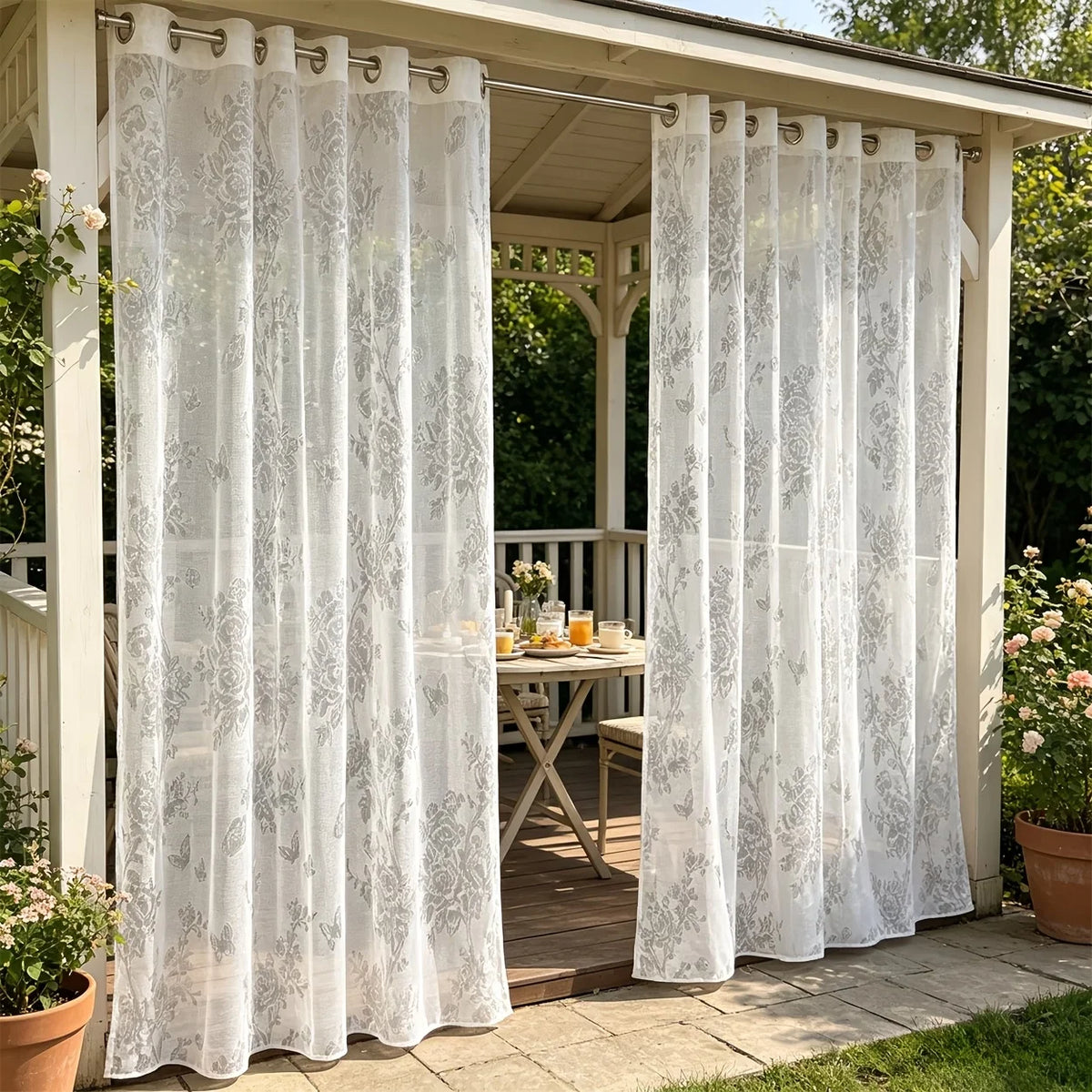 rideau blanc floral transparent classique balcon romantique anneaux