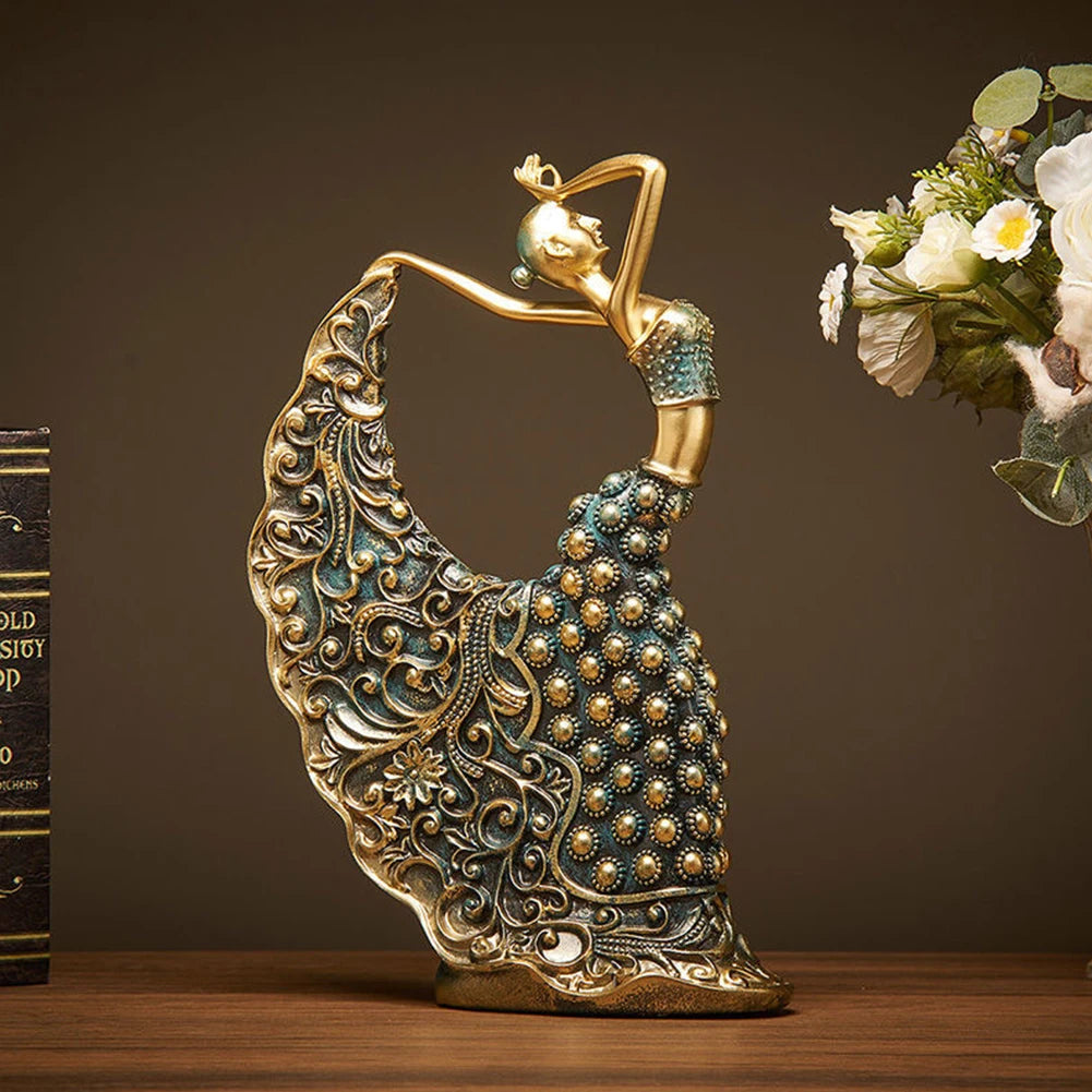 statue ornementale femme danseuse moderne résine motifs floraux or bleu bronze élégante