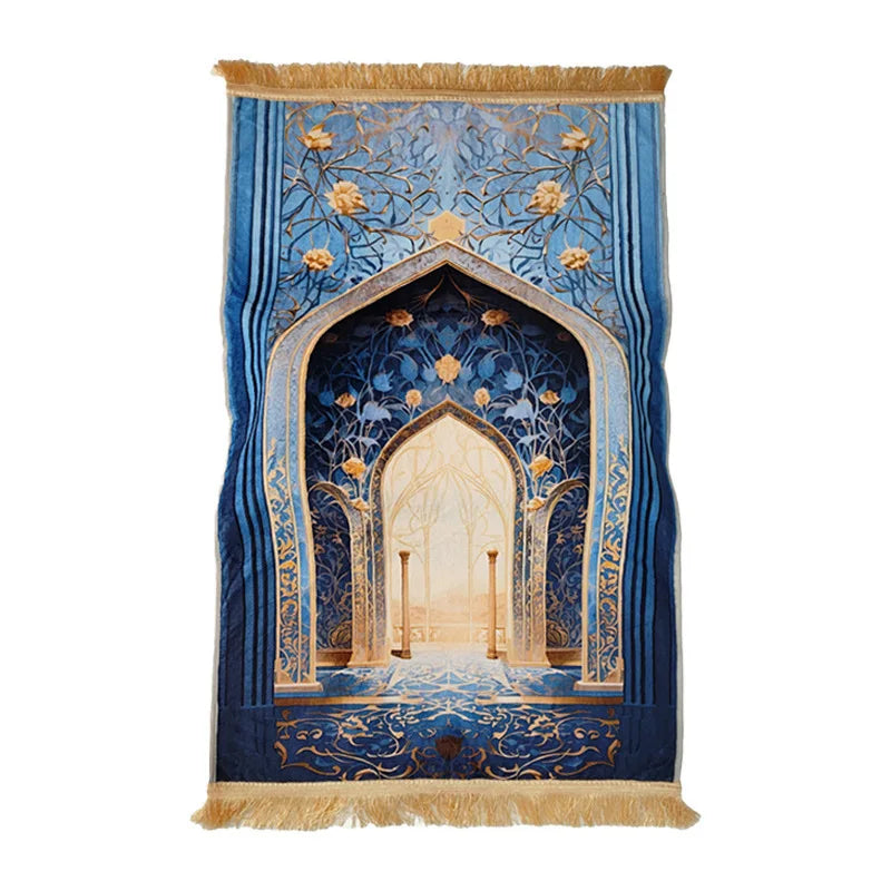 tapis prière épais 8cm brocart imprimé architectural antidérapant moderne İslam chrétien doré beige patio