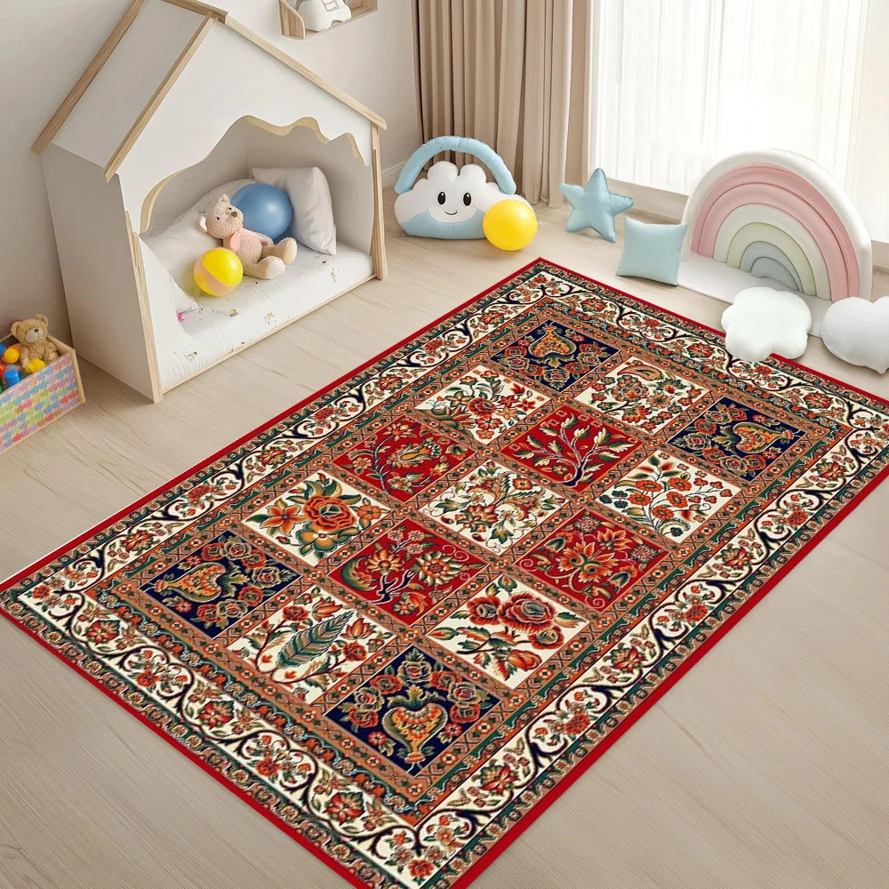 tapis rouge bleu beige traditionnel motifs floraux géométriques velours antidérapant intérieur extérieur