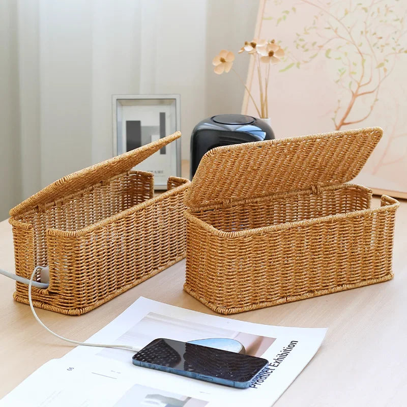 organisateur câbles rotin tressé boîte rangement moderne rustique bohème 31.5cm 13cm 13cm