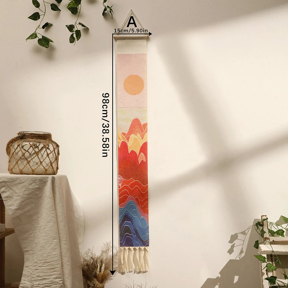 tenture murale bohème paysage montagnes soliel coton orange rouge bleu beige blanc minimaliste