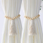 rideau polonais boho blanc rayures jaunes bois pompons adhésif coton moderne