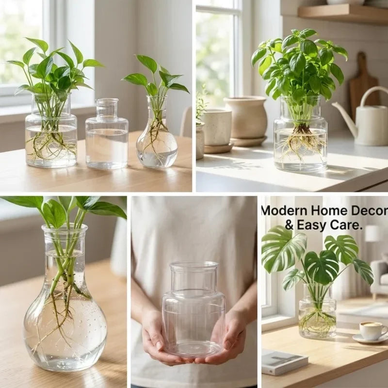 vases hydroponiques transparents modernes plantes tables jardins décoration bureaux