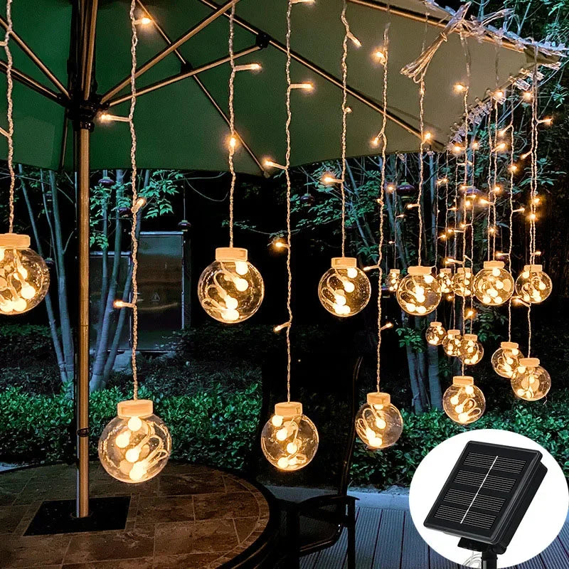 guirlande lumineuse solaire transparente boules dorées clips modernes décoration extérieure noël jardin festive