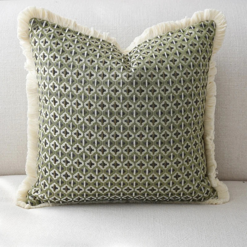 coussin carré vert olive motif géométrique moderne jacquard sans rembourrage