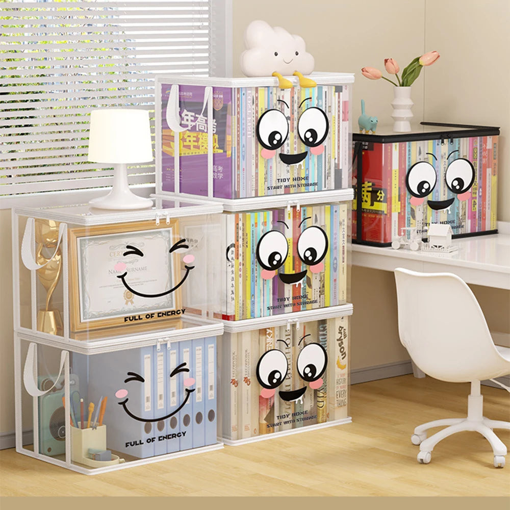 boîtes rangement transparentes blanches souriantes poignées amovibles moderne étudiante chambre organisation livres