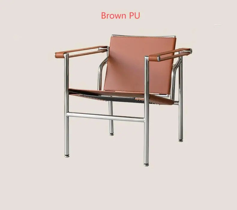 chaise salon moderne minimaliste cuir métal chromé accoudoirs marron noir beige