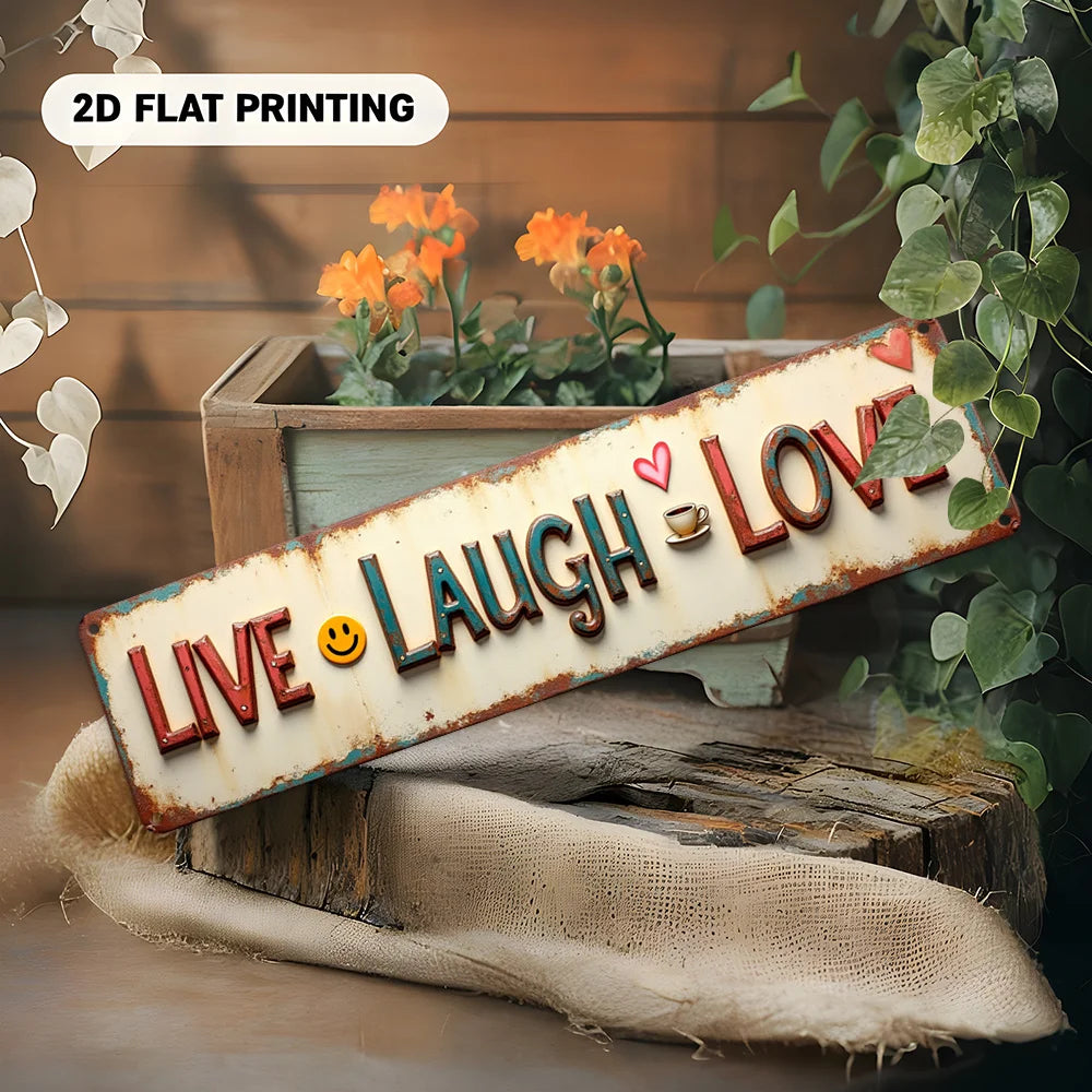 panneau decoratif metal live laugh love rustique vintage souriant coeurs fleurs pot plantes grimpantes