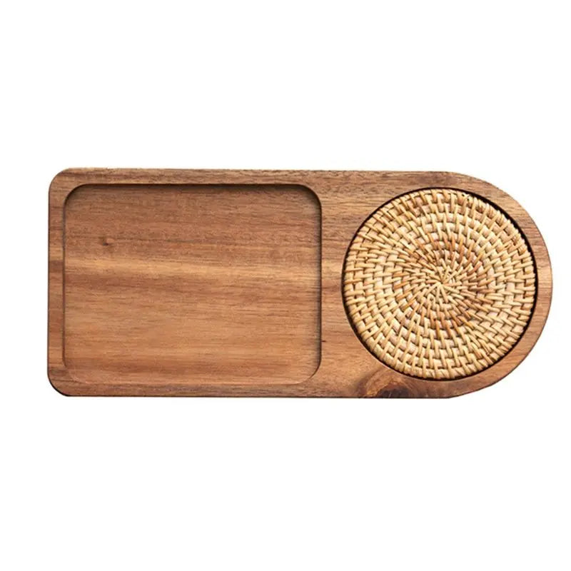 plateau bois naturel moderne tasse cuillère serviette grains cacao postale feuille