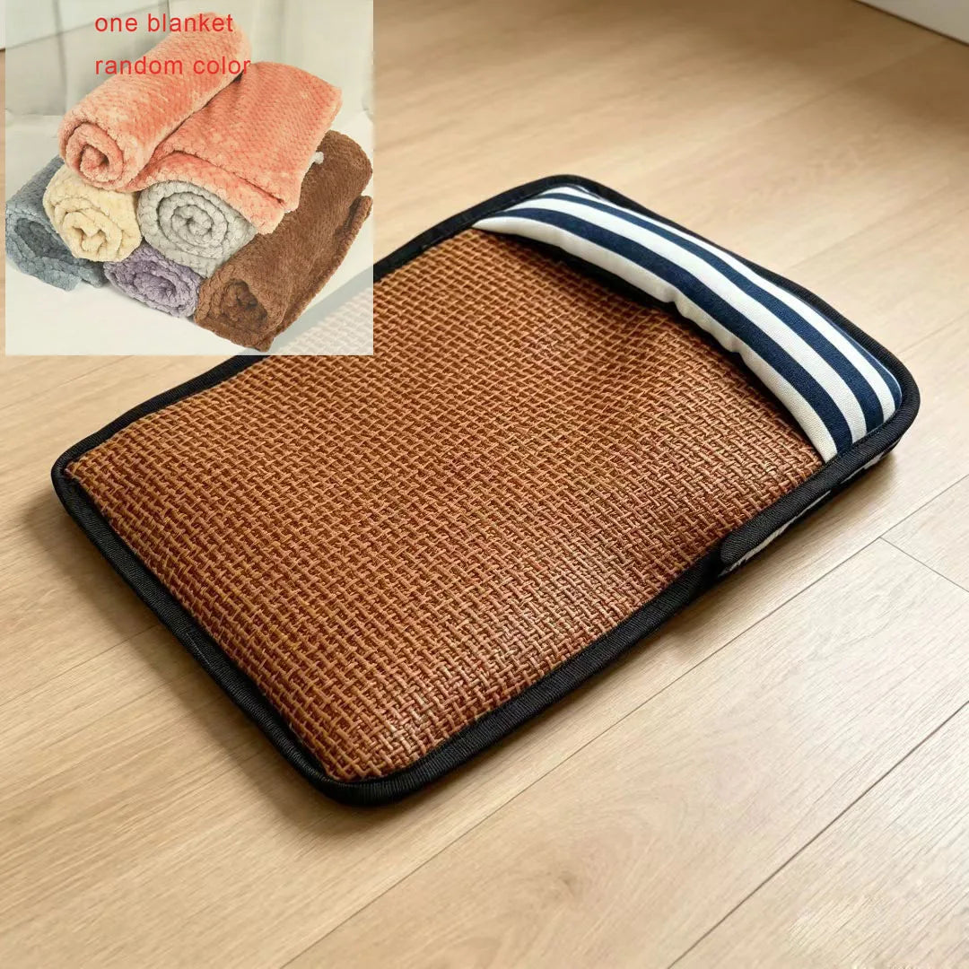 tapis rayé lin refroidissant chiens moderne confortable marron clair noir blanc rouge