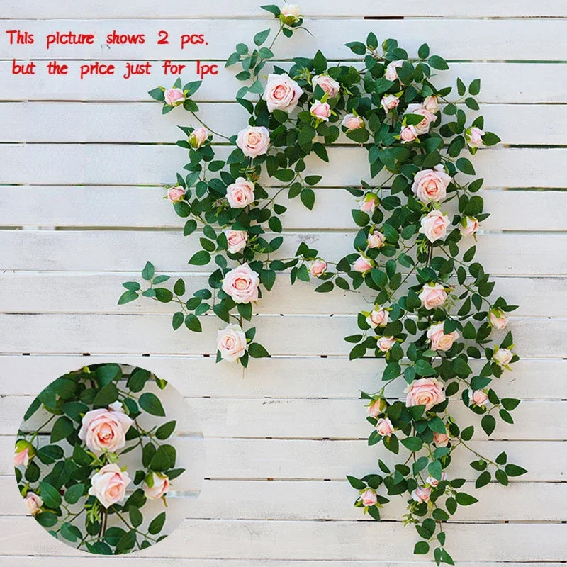 guirlande fleurs artificielles roses feuilles vertes extérieur accrochage naturelle rustique