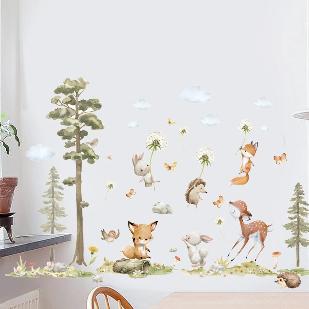 stickers muraux animaux forêt enfants cartoonaux adhésifs non toxiques waterproof arbres champignons papillons naturenels