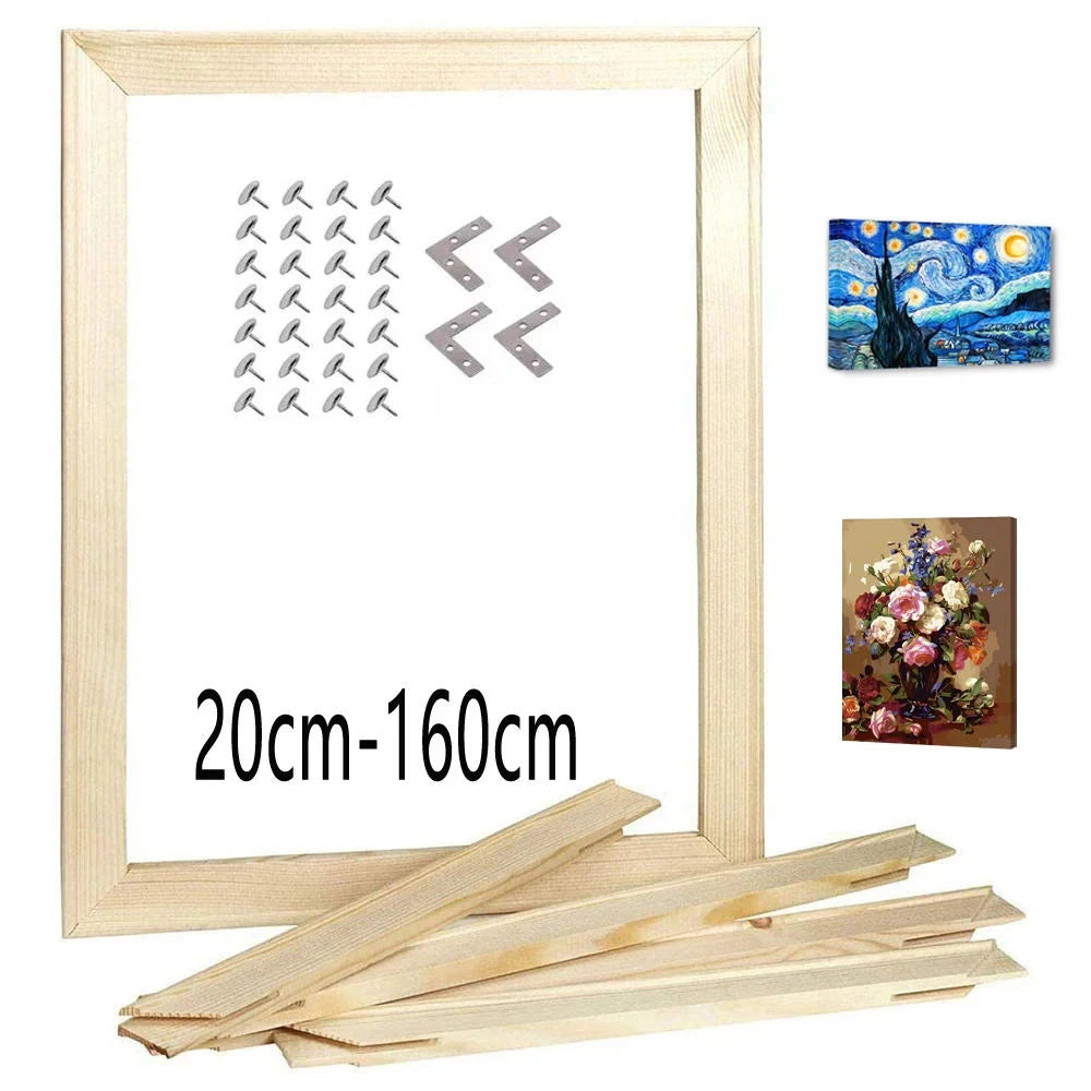 Kit cadre photo en bois massif pour toile DIY assemblé sur un mur blanc