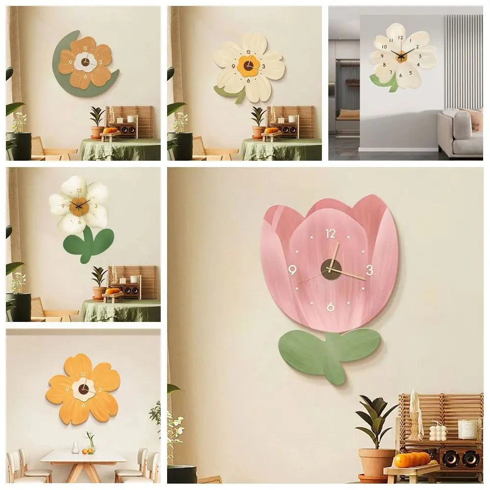 horloge murale fleur rose vert moderne minimaliste décorative imitation bois