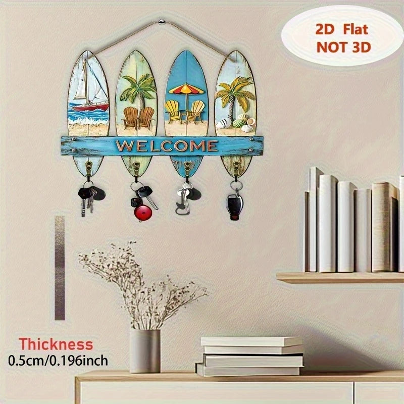 porte clés mural surf décoration intérieure palmiers vagues ancres motifs bois texturé bleu orange