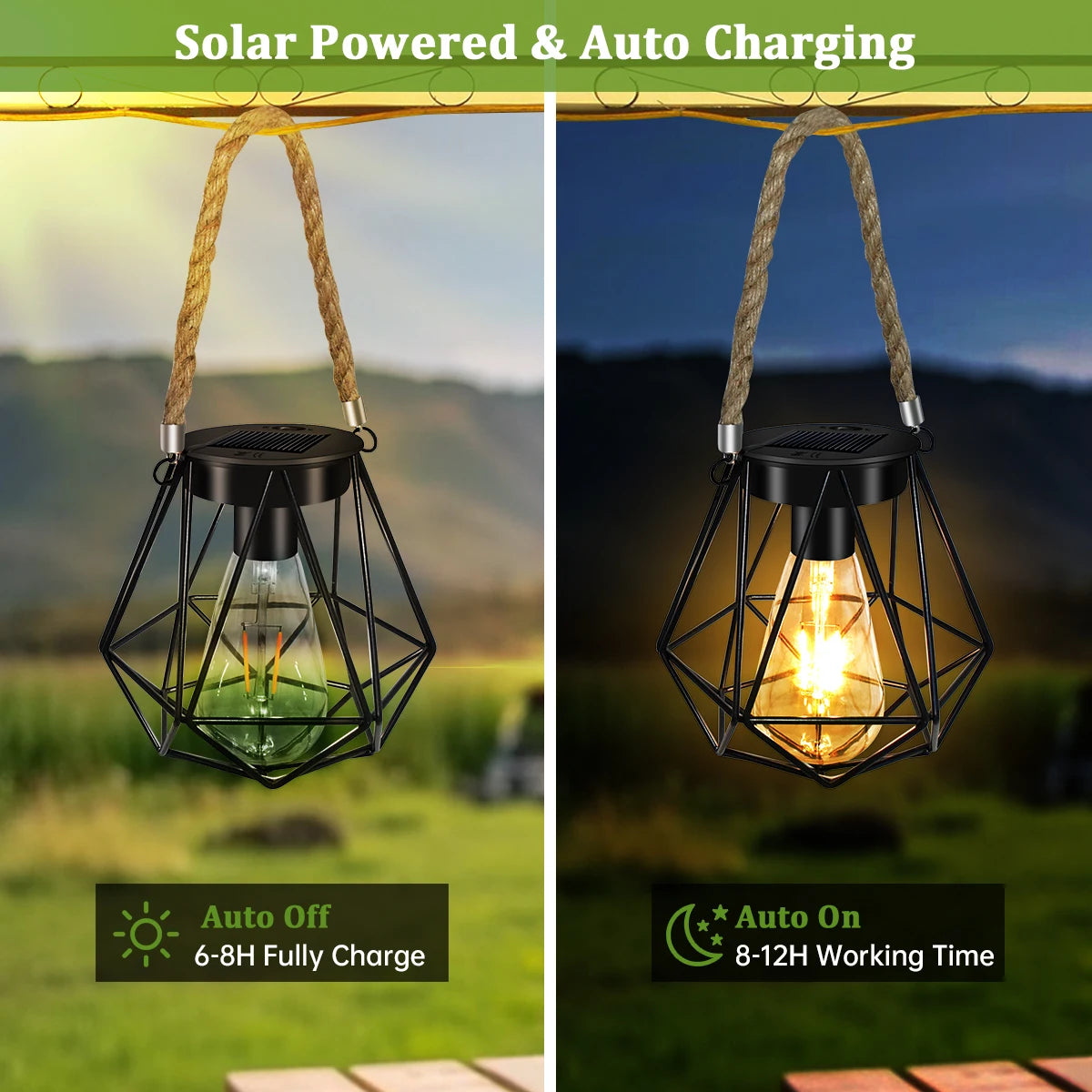 lampe solaire suspendue vintage cage métal noir rustique autonomie jardinextérieur