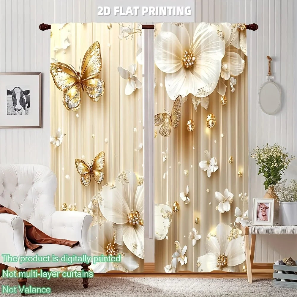 rideau imprimé papillon doré moderne élégant résistant l'eau 100% polyester beige doré blanc fleurs