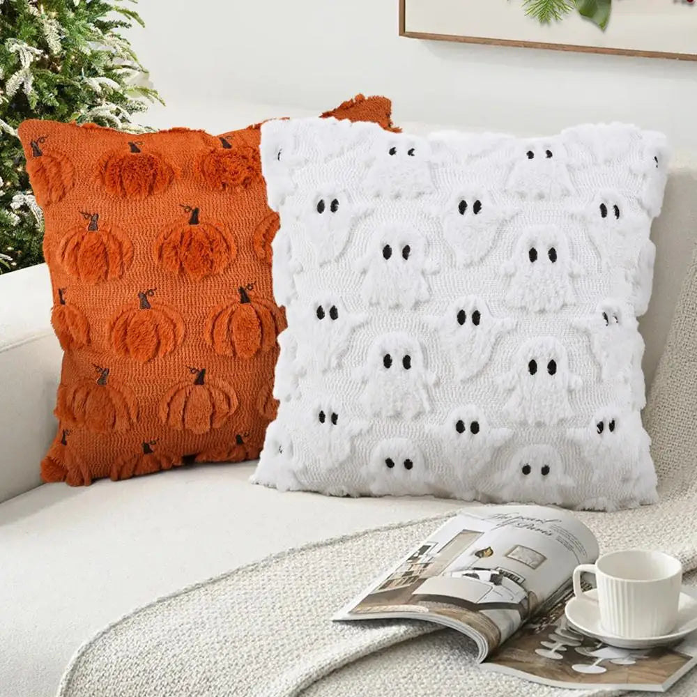 coussin halloween blanc orange citrouilles fantômes doux épais décoration festive