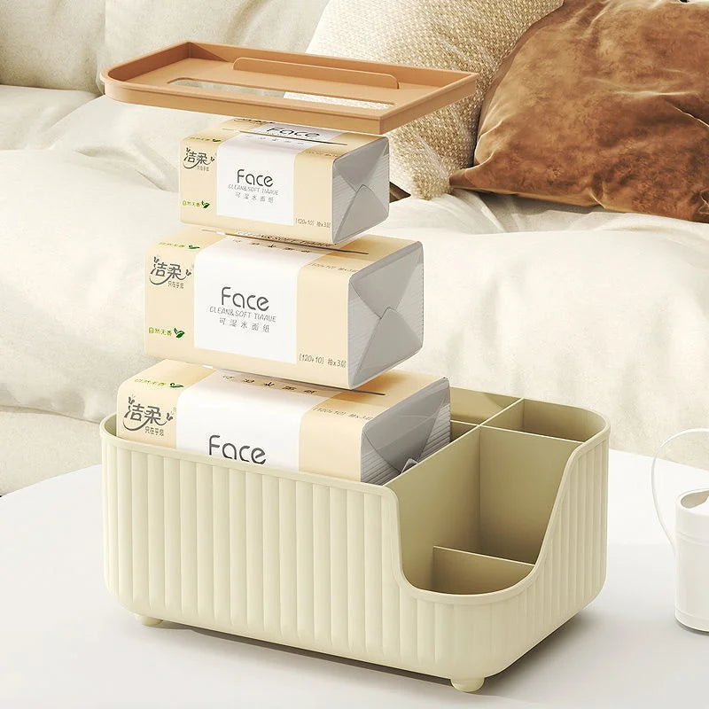 boîte rangement multifonctionnelle moderne beige clair rayures verticales pieds ronds mouchoirs lunettes télécommande parfum