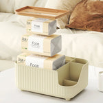 boîte rangement multifonctionnelle moderne beige clair rayures verticales pieds ronds mouchoirs lunettes télécommande parfum