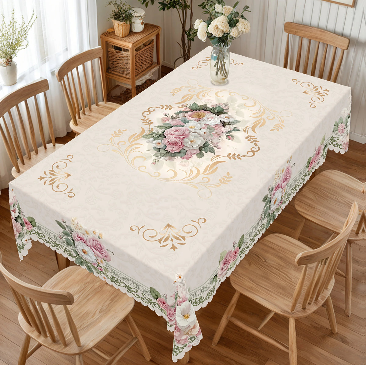 nappe table fleurs roses pivoines feuillage classique beige doré romantique polyester moderne