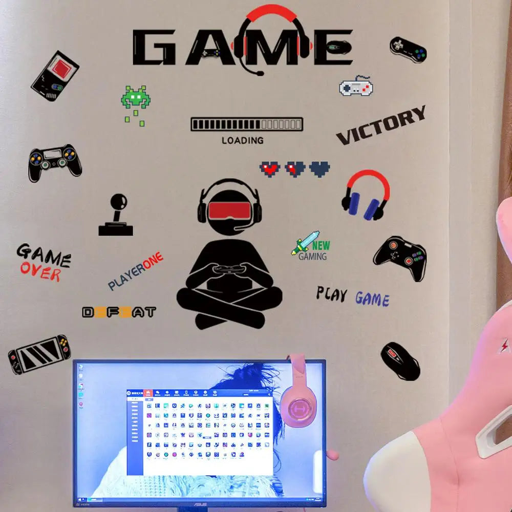 stickers muraux gaming graphiques jeux texte game playerone loading victory stickers chambre enfants moderne