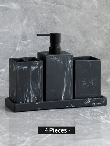 ensemble d'accessoires salle bain noir blanc marbré moderne distributeur savon brosse dents porte gobelet