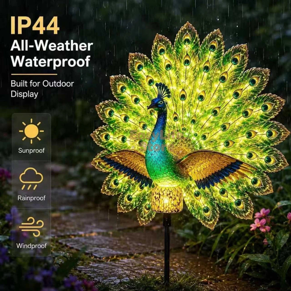 décoration jardin paon plumes bleu vert or lumière LED mouvement auto étancheextérieur féerique