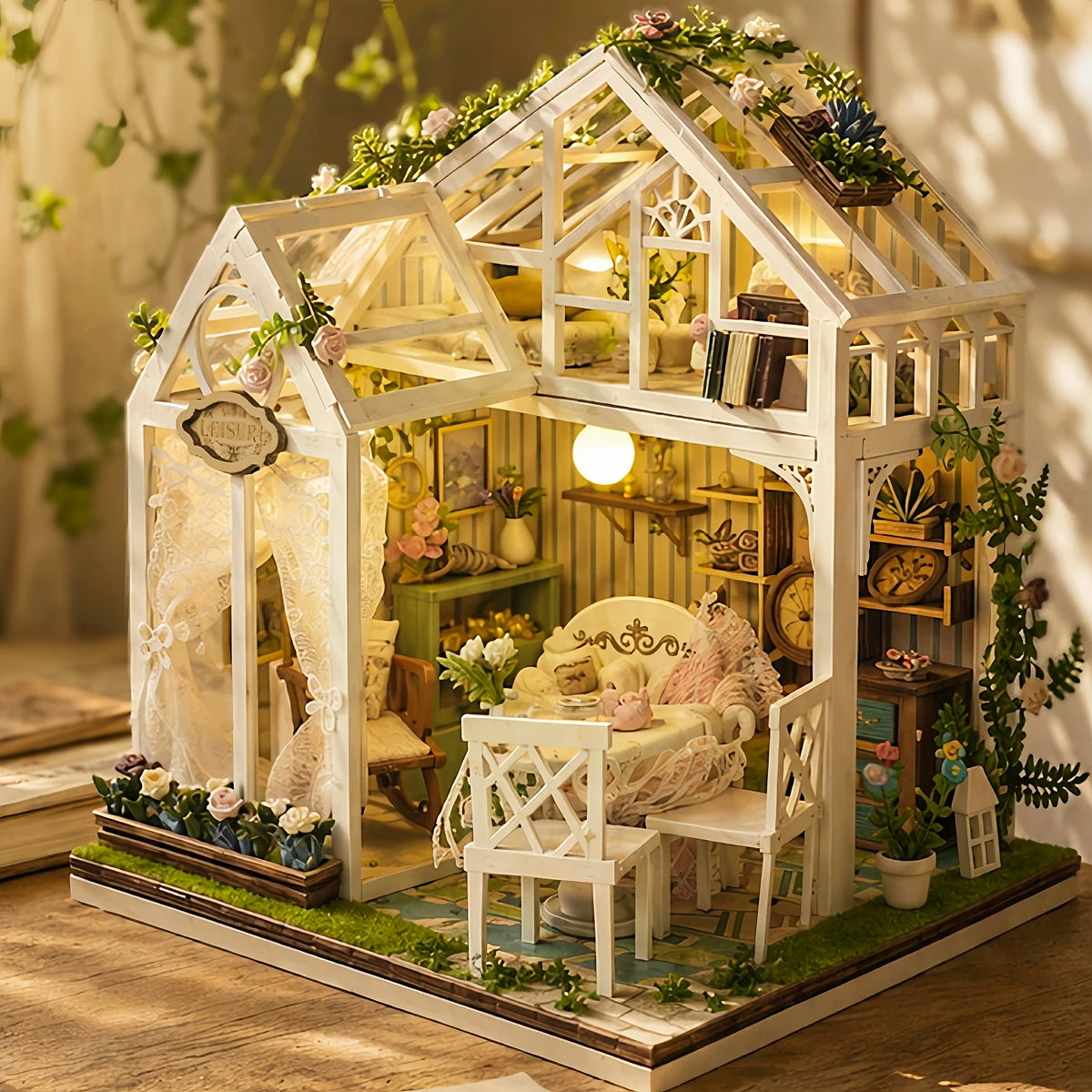 figurines bois maisonnette artisanat décoration intérieure meubles miniatures fleurs artificielles led chambre