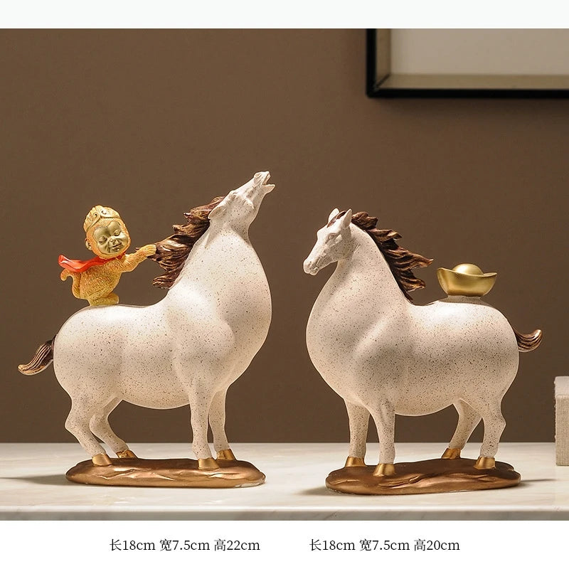 statues chevaux décoratives asiatiques blanc orange figurines humaines petits ornements dorés