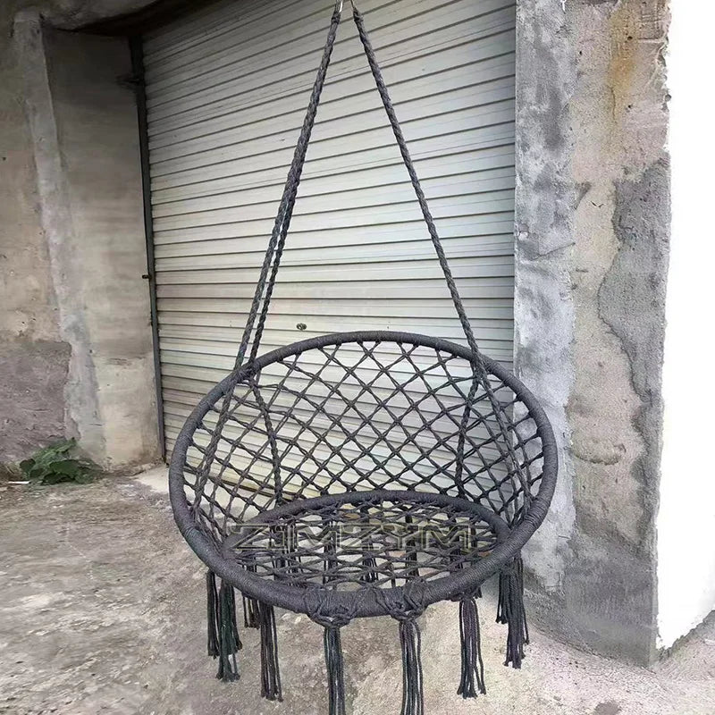 fauteuil suspendu macramé tissé motifs géométriques franges boho chic blanc beige noir rose bleu