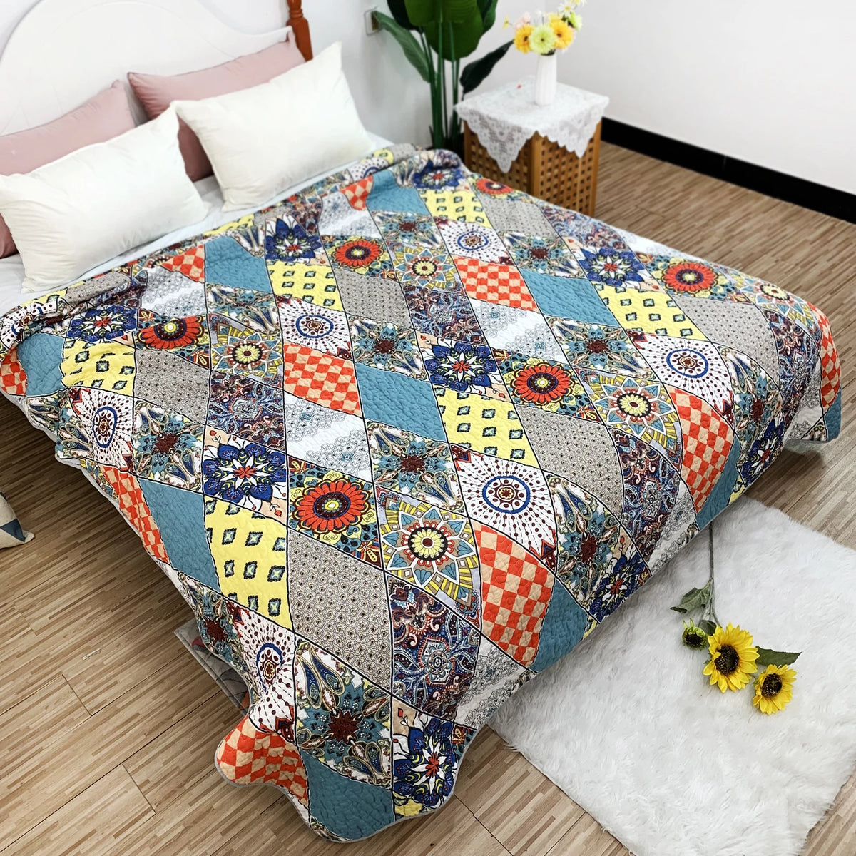couverture patchwork coton polyester géométrique bohème motifs floraux ethniques 230x250cm