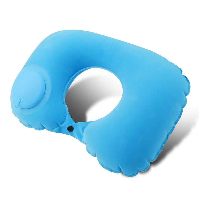 oreiller voyage gonflable forme cou bleu polyester ergonomique valve gonflageextérieur support confortable