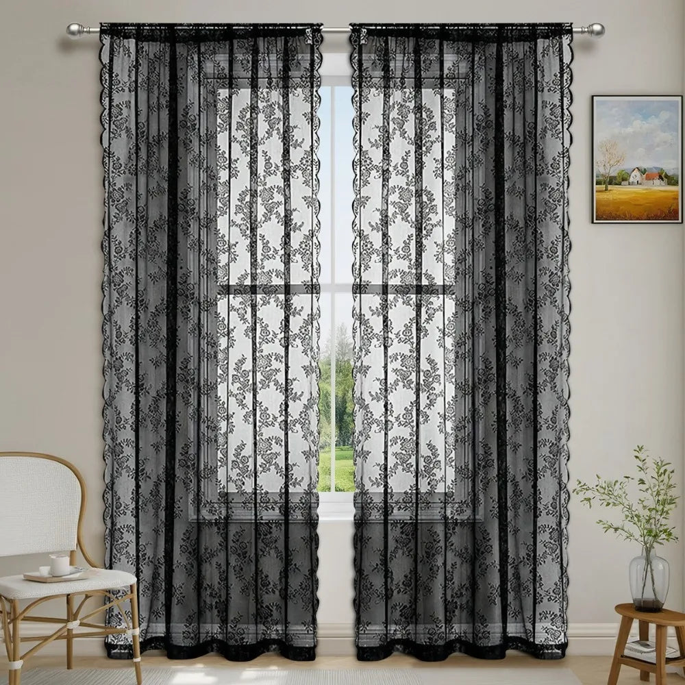rideau floral transparent dentelle romantique noir blanc décoratif bohème ondulé semi transparent tringle