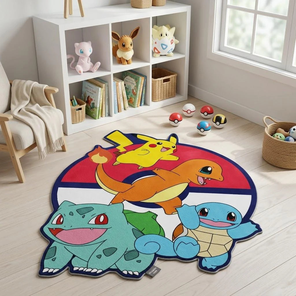 tapis dessin animé pokémon pikachu charmander bulbasaur squirtle rouge bleu vert Jaune orange blanc