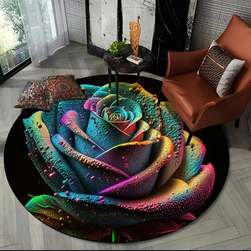 tapis rond moderne polypropylène polyester géométrique bleu jaune rose vert artistique salon chambreextérieur