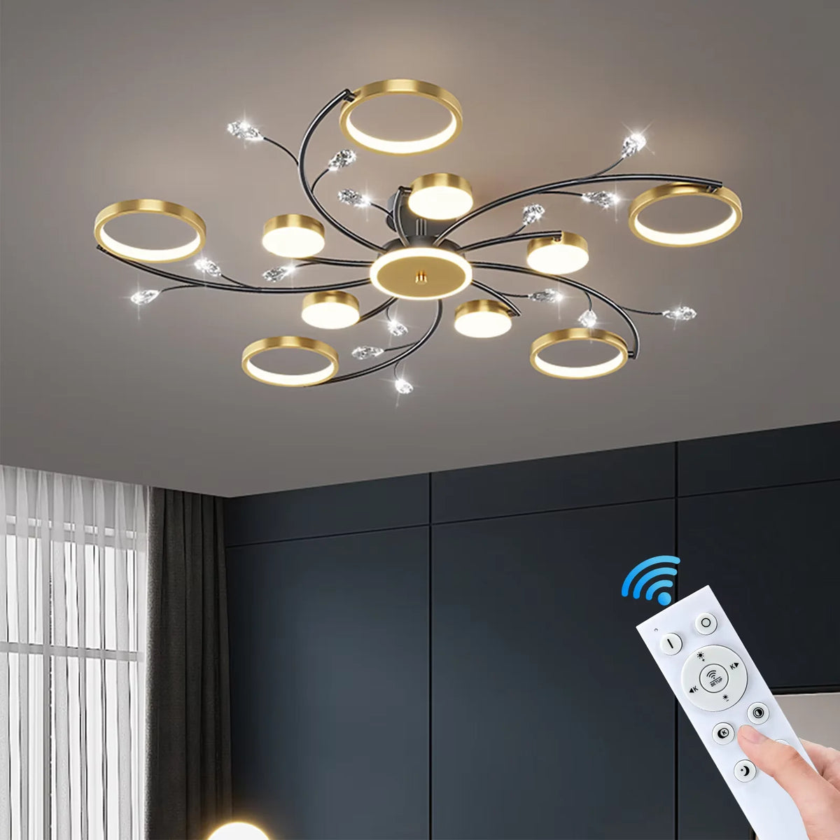 plafonnier led or noir floral éclairage moderne télécommande suspension chambre salon
