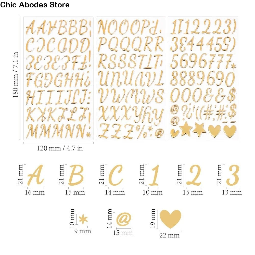 feuilles stickers lettres chiffres or rose relief calligraphique scrapbooking artisanal adhésif alphabet symbols decorative