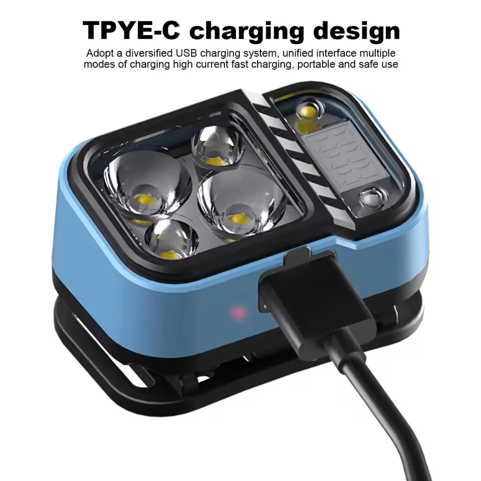 lampe frontale led bleu gris moderne sangle réglable mode utilitaire recharge usb hexagonale