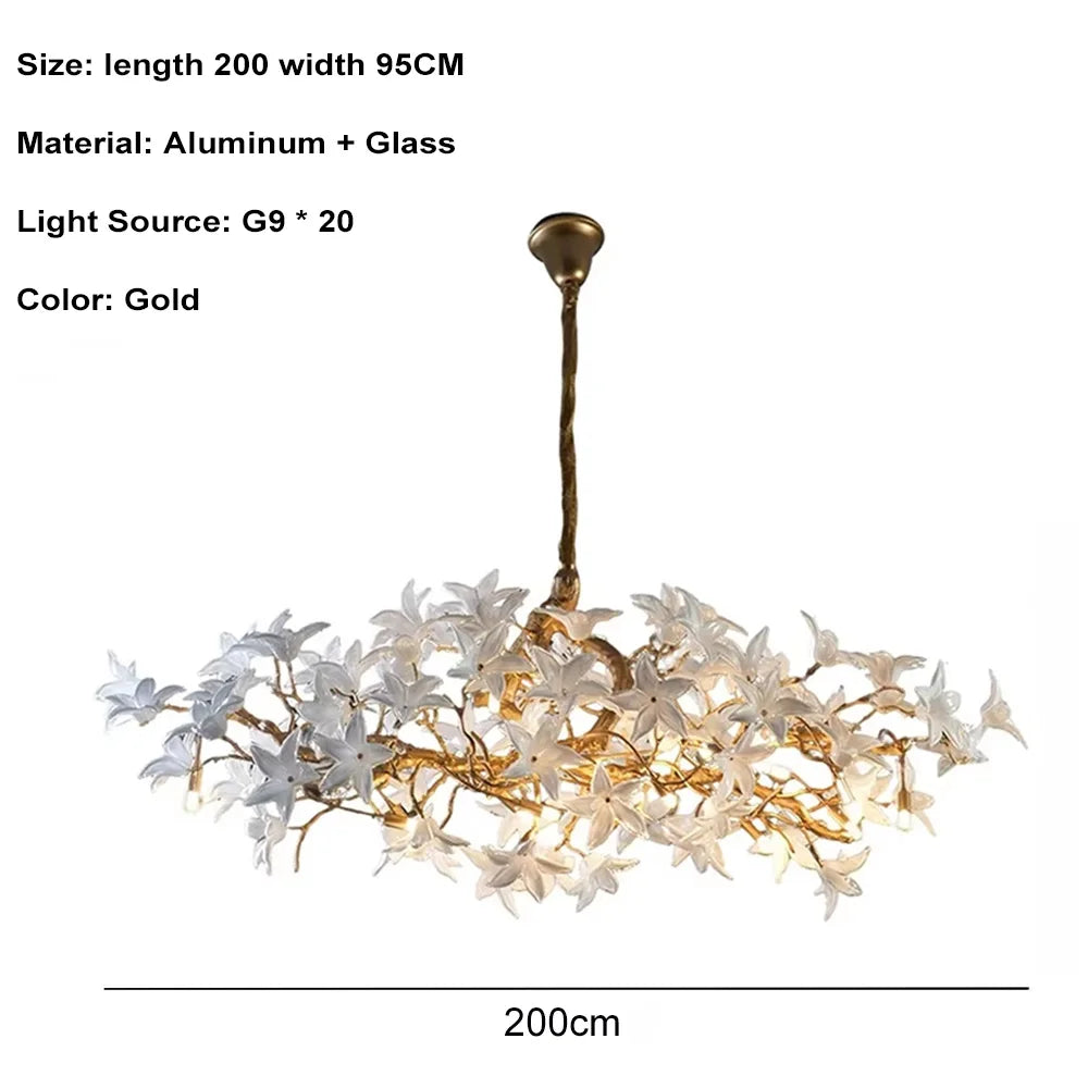 lustre suspendu classique doré blanc fleurs stylisées 160cm 180cm 200cm lumière chaude neutre lumière