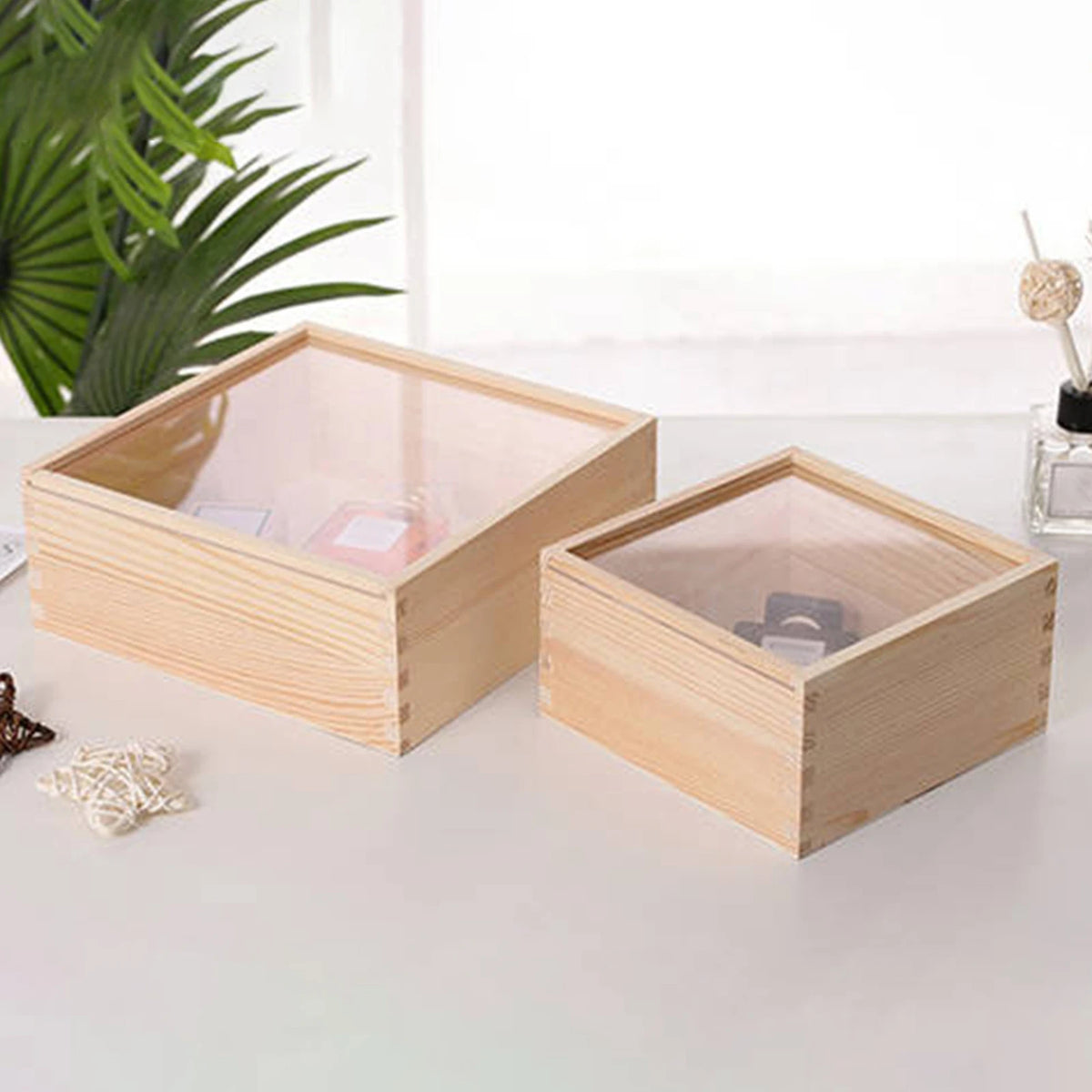 boîte bois transparente couvercle clip bijoux organisation photo rustique minimaliste porte objet decoration