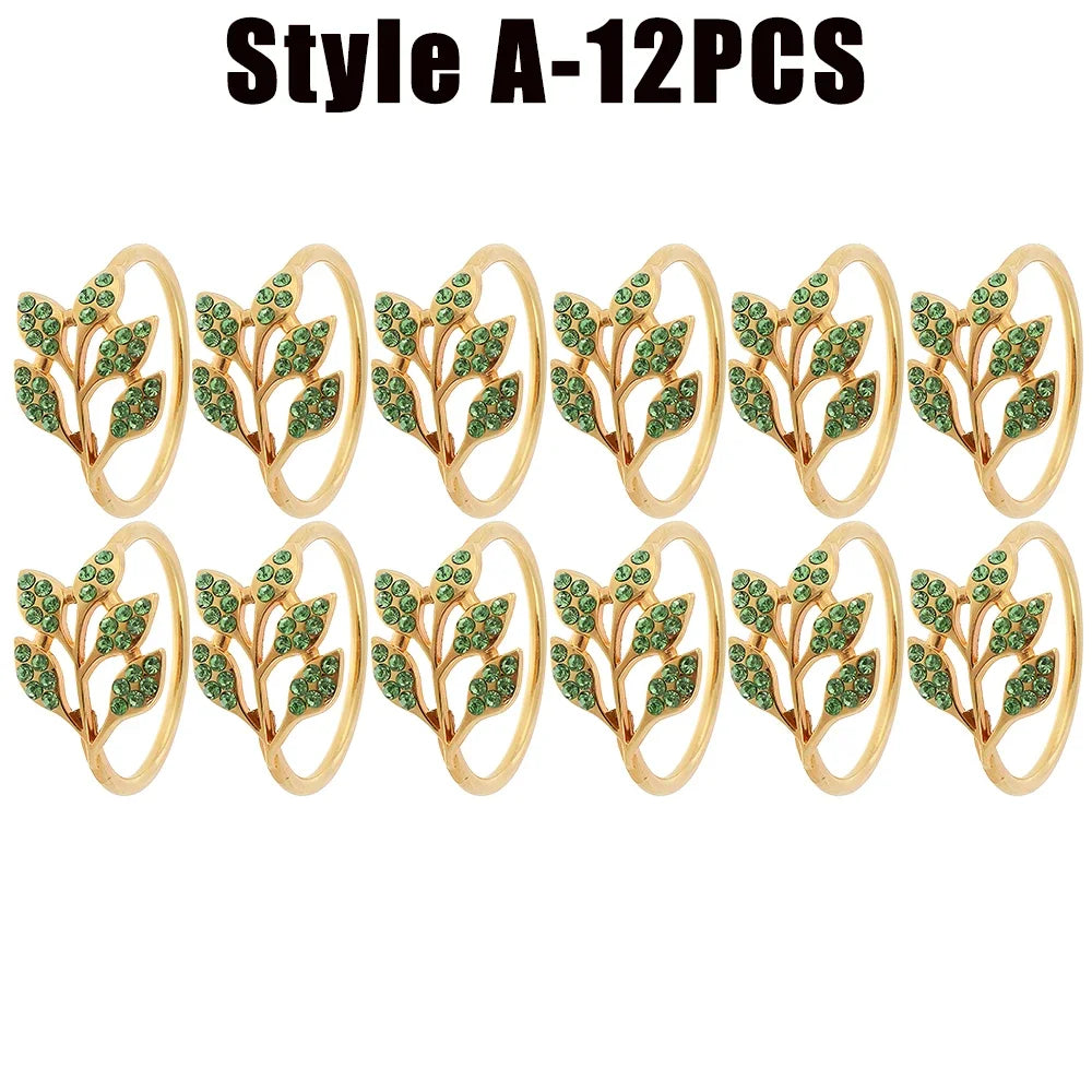 anneaux décoratifs élégants feuilles stylisées strass doré argenté vert décoration table événement