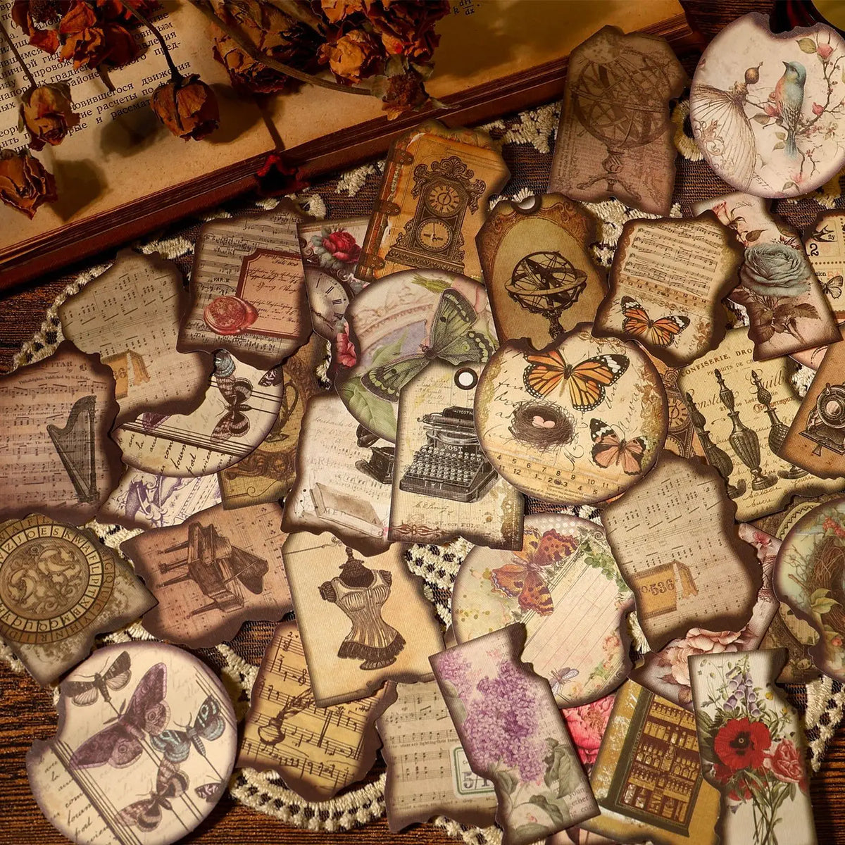 autocollants vintage étiquettes décoratives motifs floraux rubans boutons blanc marron beige instruments musicaux