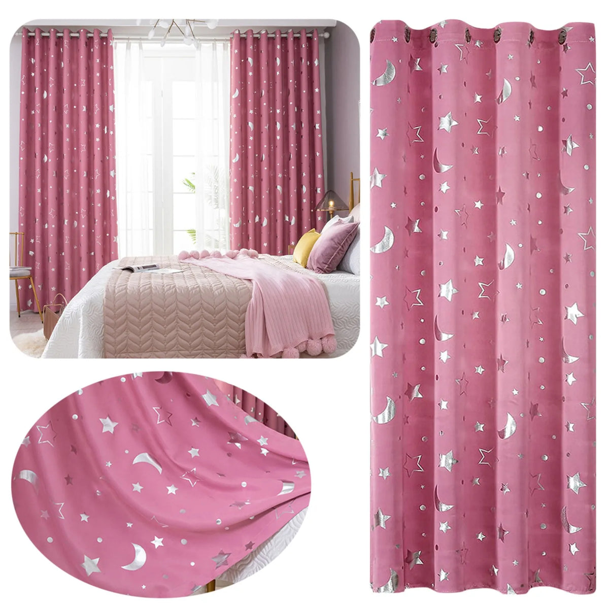 rideaux romains rose motifs lunes étoiles argentés chambre enfant isolation thermique fixations tringle