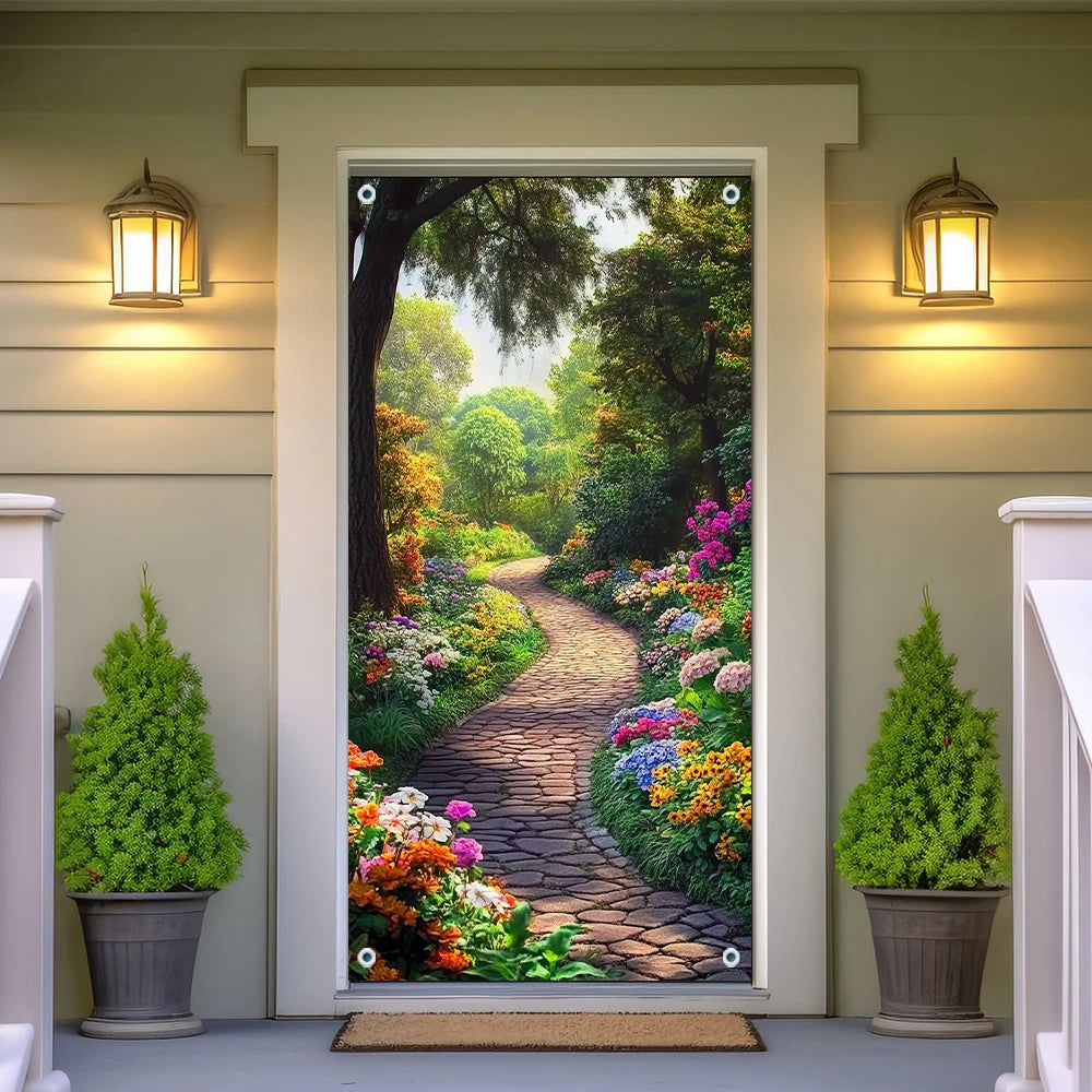 panneau décoratif mural multicolore paysage jardin chemin pierre fleurs arbres naturel