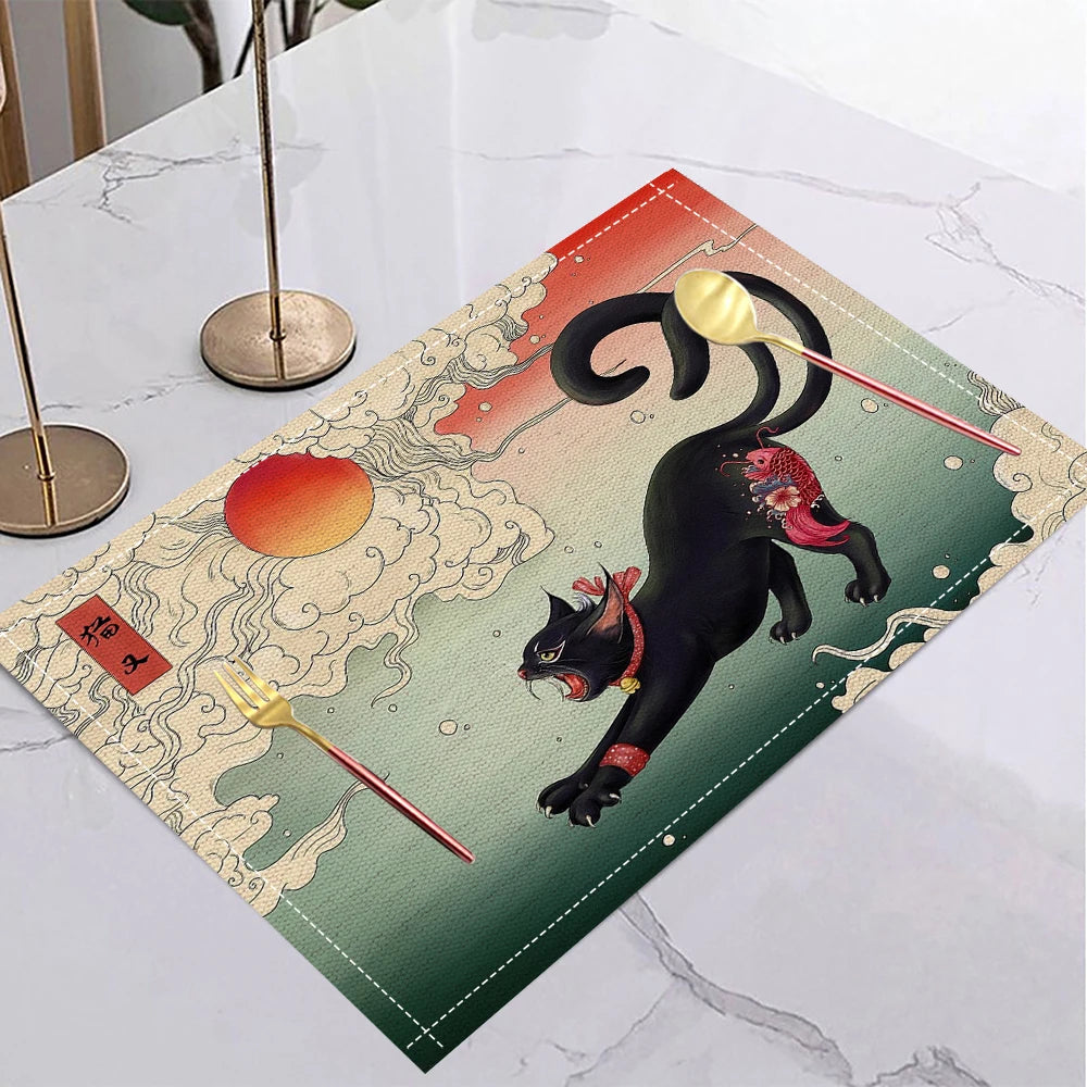 tapis table lin moderne motifs artistiques beige bleu orange noir jaune respectueux environnement 30x40cm