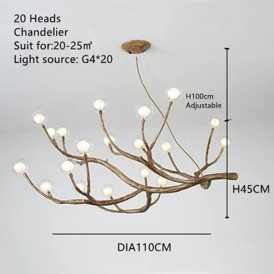 Suspension lumineuse moderne dorée branches naturelles translucides ampoules led g4