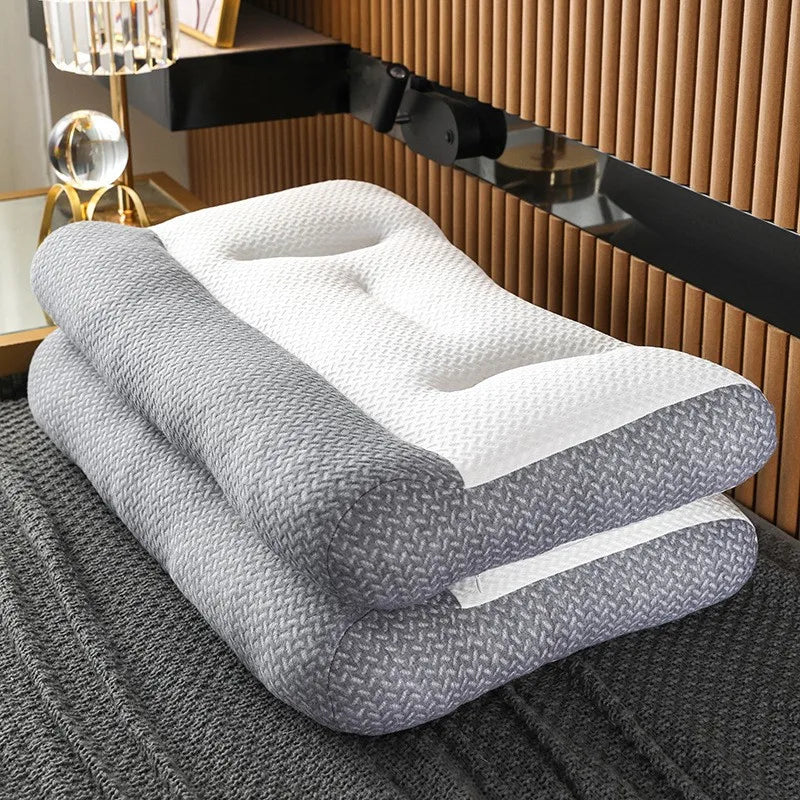 oreiller cervical ergonomique gris blanc texture tissée moderne contour arrondi fixations