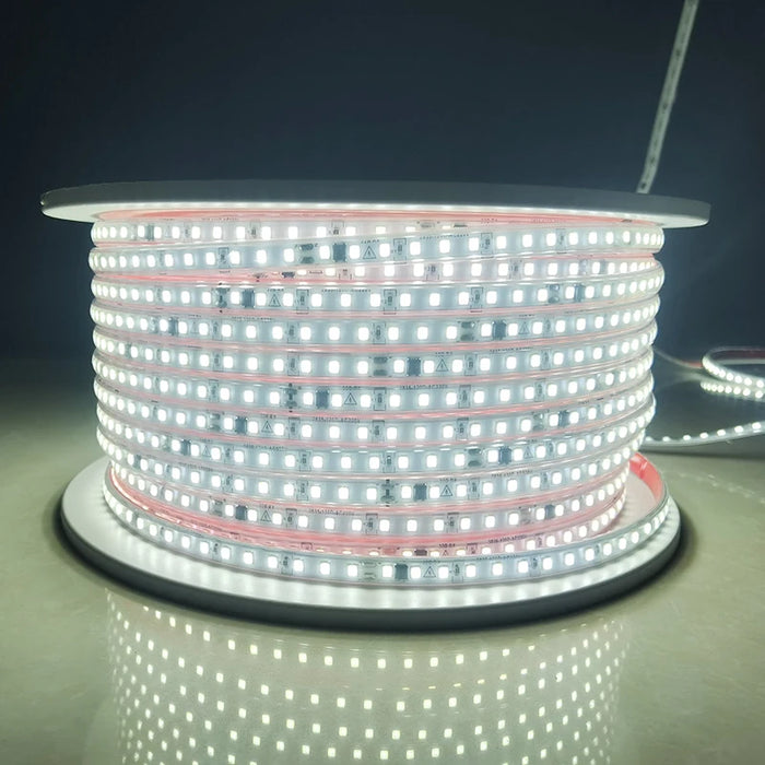 Bande LED étanche 220V blanc chaud roulée sur fond blanc